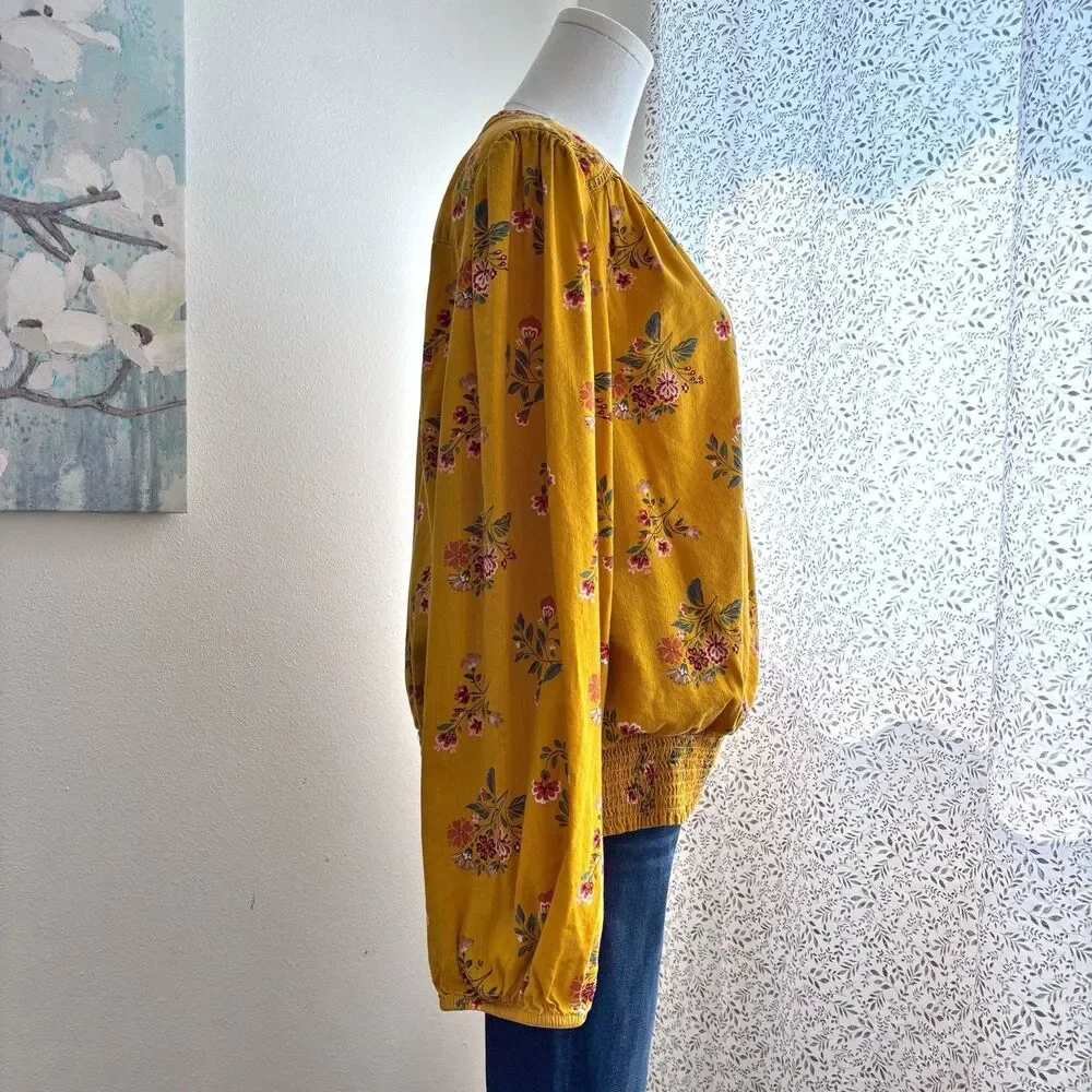 St Johns Bay Womens L Mustard Floral Blouse Surplice Smocked Hem Long Sleeve